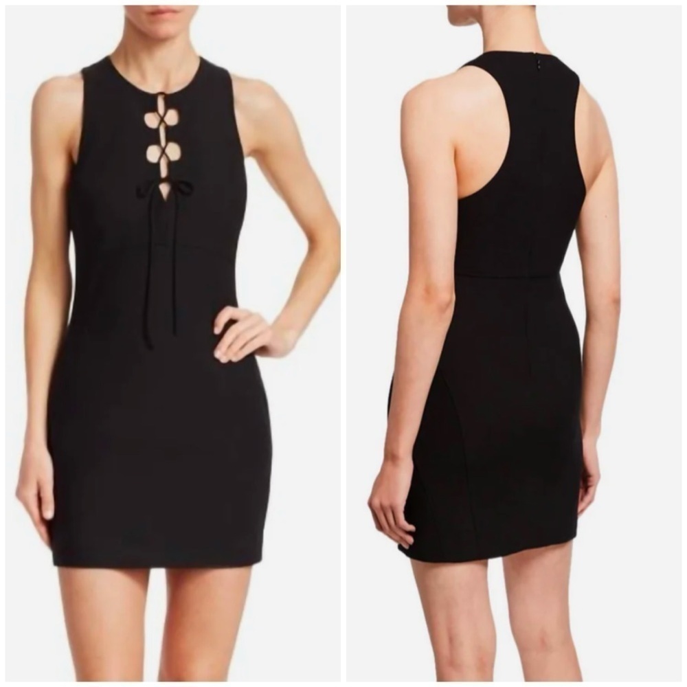 NWT Cinq a Sept Irene Dress Black Lace Up Tie Cut Out Mini Sheath Sz 10